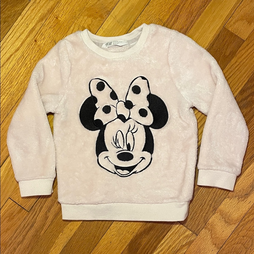 DISNEY Minnie Mouse Kids Fuzzy Soft Pink & Black Fleece Sweatshirt H&M Collab